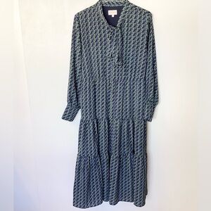 Ciebon Long Sleeve Zamara Tie Neck Midi Dress - Blue/Green - L